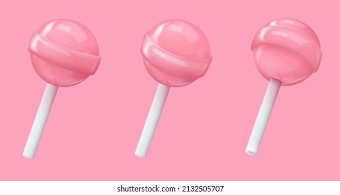 Set of different sides realistic pink glossy candy on a stick, lollipop. Look like 3d rendering. Vector illustration for card, party, design, flyer, poster, decor, banner, web, advertising.