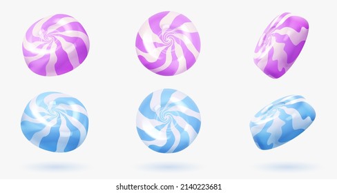 Set of different sides sweet white glossy candies, lollipops with swirl, stripes. Look like 3d rendering. Vector illustration for card, party, flyer, poster, menu, banner, web, advertising.