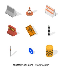 Set of different signs road repairs, isolated on white background. Under construction design elements. Flat 3D isometric style, vector illustration.