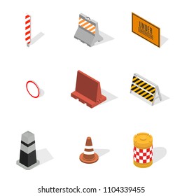 Set of different signs road repairs, isolated on white background. Under construction design elements. Flat 3D isometric style, vector illustration.