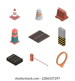 Set of different signs road repairs, isolated on white background. Under construction design elements. Flat 3D isometric style, vector illustration.