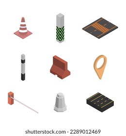 Conjunto de diferentes señales de reparación de carreteras, aislado en fondo blanco. En construcción. Estilo isométrico plano 3D, ilustración vectorial.