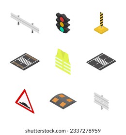 Set of different signs road repairs, isolated on white background. Under construction design elements. Flat 3D isometric style, vector illustration.