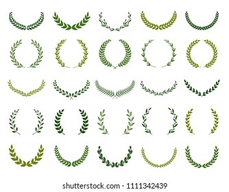 Set of different silhouette circular laurel foliate, olive and oak wreaths depicting an award, achievement, heraldry, nobility. Vector illustration.