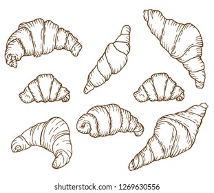 A set of different silhouette croissants.Delicious pastries.Objects isolated on white.For your design, ads, postcards, posters, restaurant and cafe menu.