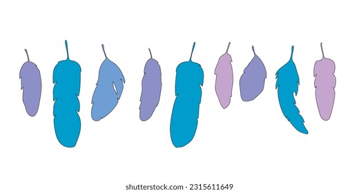 Conjunto de diferentes plumas de silueta de diferentes formas y tamaños de estilo plano. Ilustración de estilo de caricatura para diseño gráfico web y animación, textil