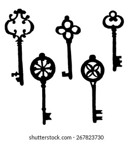 Set of different silhouette keys, hand drawn doodle vector illustration isolated on white background, monochrome style, sketch for design patterns, greeting card, scrapbook, page magazine, invite