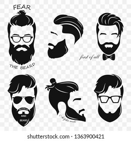 Set of different silhouettes of bearded hipsters. Bearded men, avatar, hipster with different haircut. Male face with a mustache and beard. Vector illustration with a transparent background for a prin