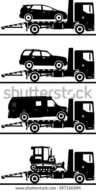 Set of different\
silhouettes car auto transporters isolated on white background.\
Vector illustration.