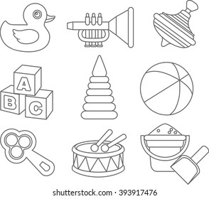 Set of different silhouettes children toys isolated flat linear vector icons on white background. Vector illustration.