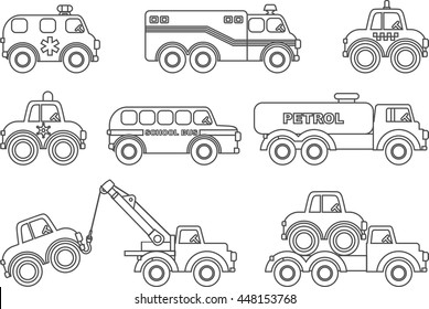  Set of different silhouettes children toys transportation flat linear icons isolated on white background. Vector illustration.