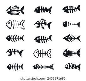 Set of different silhouettes of dead fish bones