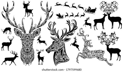 Set of different silhouettes of deers. Patterns in a shape of deers.