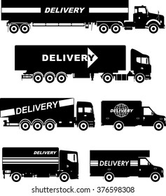 Set of different silhouettes of delivery trucks isolated on white background. Vector illustration.