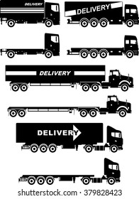 Set of different silhouettes of delivery trucks isolated on white background. Vector illustration