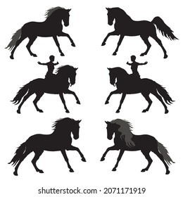 a set of different silhouettes of a galloping horse and a horsewoman isolated on a white background 