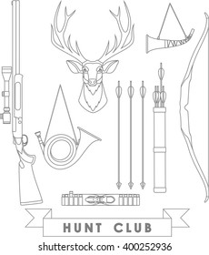 Set of different silhouettes hunting design elements flat linear vector icons isolated on white background.  Deer hunter vintage set with deer head and weapons on white background. Vector illustration