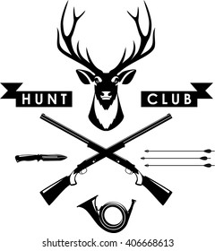 Set of different silhouettes hunting design elements in flat style isolated on white background. Vector illustration. Silhouette illustration vintage set with deer head and weapons.