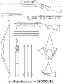 Set of different silhouettes hunting weapons and objects isolated flat linear vector icons on white background. Vector illustration.