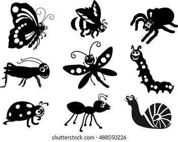 Set of different silhouettes insects isolated on white background. Vector illustration. Collection of insects: butterfly, dragonfly, snail, spider, ladybug, ant, caterpillar, grasshopper, bee.