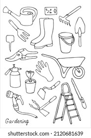 Set of different silhouettes of items for gardening. Doodles. Vector illustration