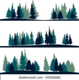 set of different silhouettes of landscape with fir-trees, vector illustration