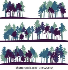 set of different silhouettes of landscape with pine trees, vector illustration