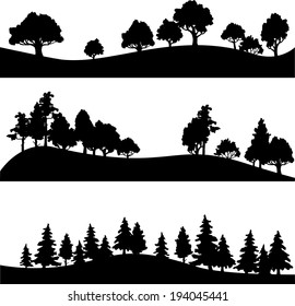 set of different silhouettes of landscape with trees, vector illustration