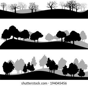 set of different silhouettes of landscape with trees, vector illustration