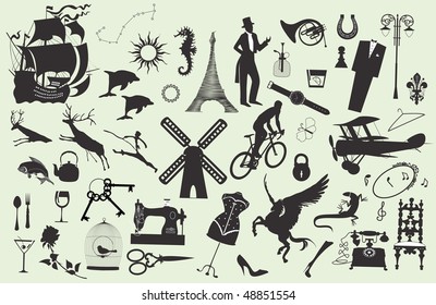 Set of different silhouettes on various subjects