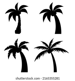 Conjunto de diferentes siluetas de palmeras con cocos. Aislado sobre fondo blanco. 