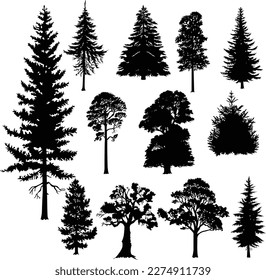 Conjunto de diferentes siluetas de pinos. Árbol vectorial de iconos.	