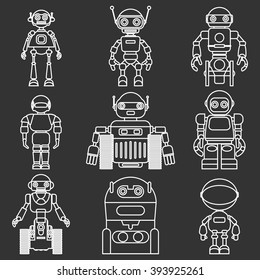Set of different silhouettes robots flat linear vector icons isolated on black background. Vector illustration.