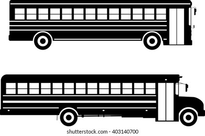 Set of different silhouettes school buses isolated on white background in flat style. Vector illustration. Silhouette illustration two variants of classic school buses on white background.