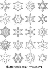 Set of different silhouettes snowflakes flat linear vector icons isolated on white background. Vector. Abstract illustration.