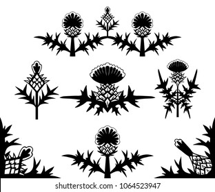 A set of different silhouettes of a thistle. Vector floral symbols template.Elements of design in a flat style.