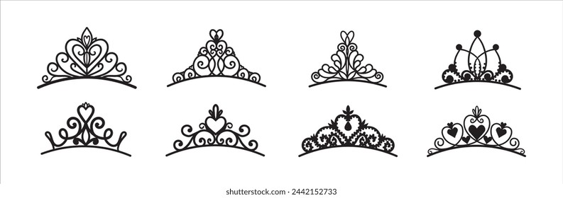 Set of different silhouettes of tiaras and crowns. Luxury prince and princess headdresses in doodle style.