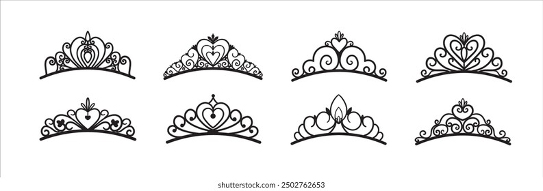 Set of different silhouettes of tiaras and crowns. Luxury prince and princess headdresses in doodle style.