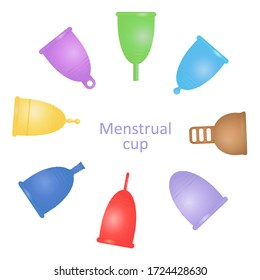 Set of different silicone menstrual cups. Eco-friendly, washable intimate product. Zero waste supplies for personal hygiene. Plastic-free concept. 3D realistic vector illustration of woman hygiene.