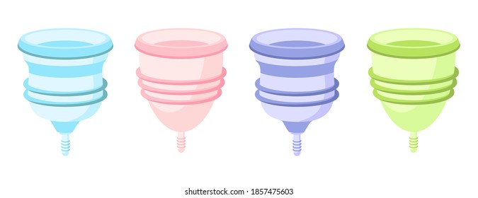 Conjunto de diferentes tazas menstruales de silicona de estilo tierno de dibujos animados. Taza menstrual con. Copa menstrual ecológica y lavable. Cero residuos de higiene personal. Concepto libre de plástico.