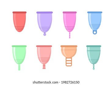 Conjunto de diferentes tazas menstruales de silicona. Productos ecológicos e íntimos lavables. Cero residuos de higiene personal. Concepto libre de plástico. Ilustración vectorial plana de la higiene de la mujer.