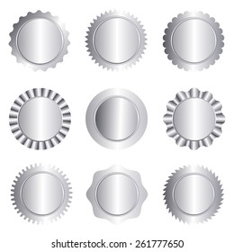 Set of different silver approval seal , stamp, badge, and rosette shapes isolated on white 