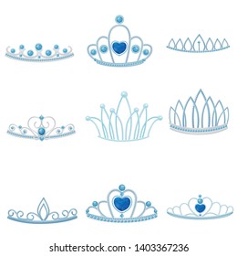 Set of different silver crowns with large and small jewel of sapphires. Vector illustration.