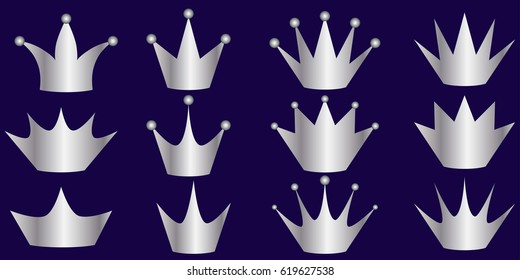 A set of different silver  silhouettes cartoon crowns for princesses