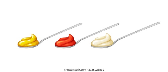 Set if different silver spoons with mayonnaise,mustard and ketchup sauce.View from side.Vector illustration in realistic style isolated on white background.