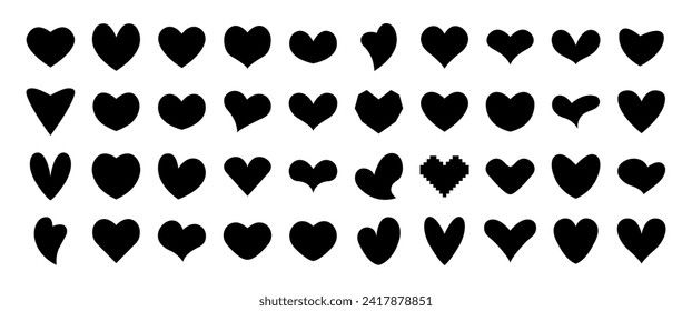 Set different simple black hearts isolated on white for Valentines day card or t-shirt design. Hand drawn style. Vector illustration