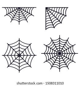 Set of different simple black spederwebs silhouette icon isolated on white background. Flat style spider web symbol vector illustration. Graphic design element for Halloween party.