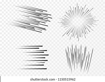 Set of different simple black vector speed lines. Motion effect for your design. Black lines on white background.