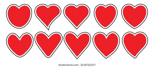 Set of different simple color hearts isolated on white for card or t-shirt design. Hand drawn style. Hearts Shapes Icons. Vector illustration.