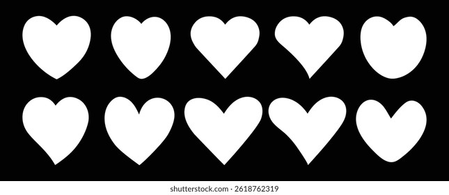 Set of different simple color hearts isolated on white for card or t-shirt design. Hand drawn style. Hearts Shapes Icons. Vector illustration.